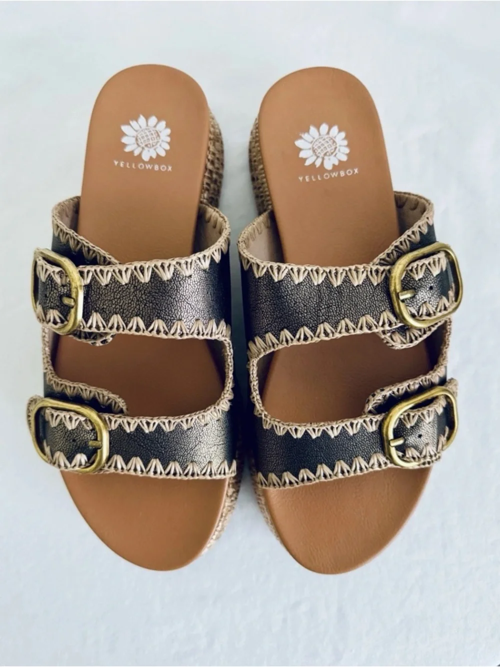 Yellow Box Herena Bronze Slide Platform Sandals Jute Trim Gold Buckle New in Box - Picture 3 of 5